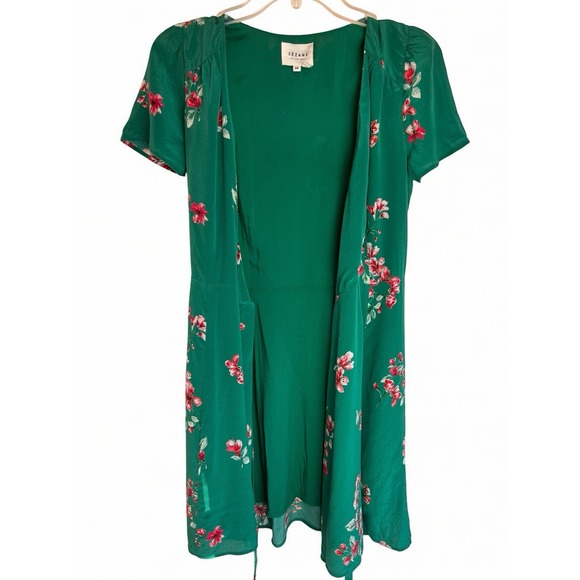 Sezane Anastasia Mini Dress Green Silk Wrap Size 36 US Size 4 100% Silk Floral - Picture 7 of 10